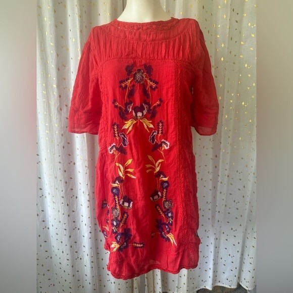 Free People 100% Cotton Perfectly Victorian Boho Embroidered Dress In Tomato S - Picture 7 of 14